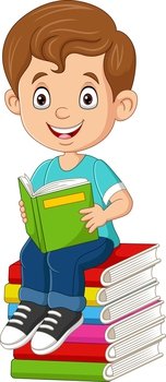 Cartoon little boy reading a book on the pile books
