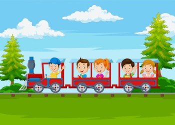 Cartoon happy children riding on the train