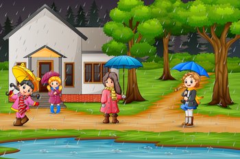 Cartoon happy girls carrying umbrella under the rain in front a house