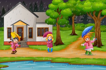 Cartoon happy girls carrying umbrella under the rain in front a house