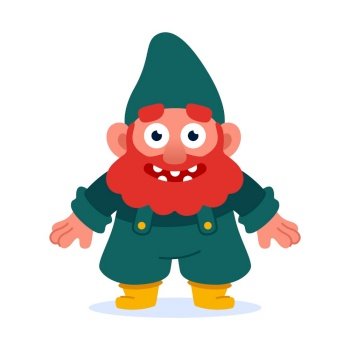 Cartoon cute dwarf with red beard standing and smile. Funny little gnome in yellow wellies. Flat cartoon vector illustration 
