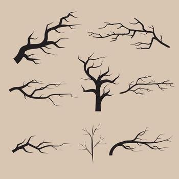 Set of Black Tree Branch silhouette hand drawn illustration