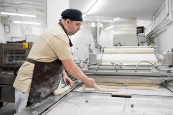Baker working at industrial bakery preparing trays with fresh loaf. High quality photo. Baker working at industrial bakery preparing trays with fresh loaf. 
