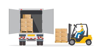 Man on forklift make loading to truck. Lorry on warehouse gets goods on pallet. Logistic illustration. Icon of lorry, fork lift, driver and cargo for delivery service. Flat icon. Vector.. Man on forklift make loading to truck. Lorry on warehouse gets goods on pallet. Logistic illustration. Icon of lorry, fork lift, driver and cargo for delivery service. Flat icon. Vector