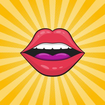 Art of lip girl. Red mouth for kiss. Red girl lips on pop yellow background. Concept of love, fashion and comic. Glamour lipstick for beauty. Vector illustration.