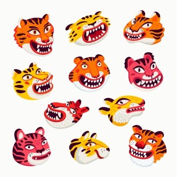 Tiger vector heads set, cartoon tiger funny faces on white background. Organic flat style vector illustration.. Tiger vector heads set, cartoon tiger funny faces on white background. Organic flat style vector illustration..