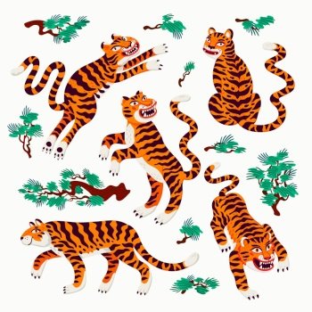 Tiger vector set, tigers in various poses and japanese pine branches in cartoon asian style. Organic flat style vector illustration. Tiger vector set, tigers in various poses and japanese pine branches in cartoon asian style. Organic flat style vector illustration.
