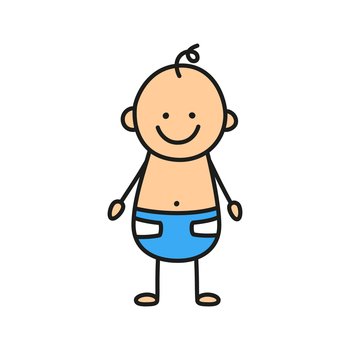 Happy doodle baby in a diaper. Hand drawn figure of small child. Little toddler. Vector color illustration isolated in doodle style on white background.. Happy doodle baby in a diaper. Hand drawn figure of small child. Little toddler. Vector color illustration isolated in doodle style on white background