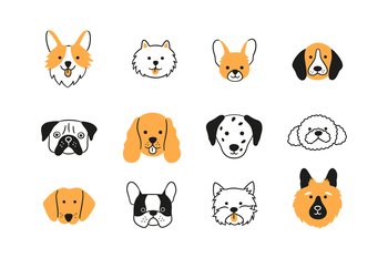 Faces of different breeds dogs set. Corgi, Beagle, Spitz Chihuahua, Terrier, Spaniel, Poodle, Dalmatian. Collection of doodle dog heads. Hand drawn vector illustration isolated on white background.. Faces of different breeds dogs set. Corgi, Beagle, Spitz Chihuahua, Terrier, Spaniel, Poodle, Dalmatian. Collection of doodle dog heads. Hand drawn vector illustration isolated on white background
