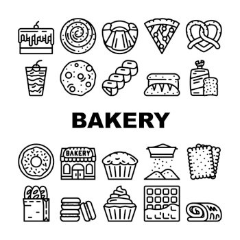 Bakery Delicious Dessert Food Icons Set Vector. Bakery Pretzel And Cake Pie With Cherry And Cream, Creamy Muffin And Donut, Pastry Bun And Bread Toast Black Contour Illustrations. Bakery Delicious Dessert Food Icons Set Vector
