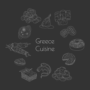 Hand drawn traditional Greece cuisine dish and desserts set. Design sketch element for menu cafe, bistro, restaurant, bakery, packaging, flyer or poster. Vector illustration.