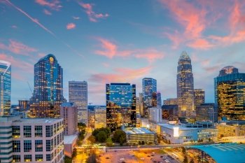 Charlotte city downtown skyline cityscape of North Carolina, USA at sunset