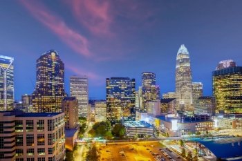 Charlotte city downtown skyline cityscape of North Carolina, USA at sunset
