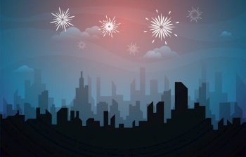 Beautiful Night City Building New Year Celebration Card Vector Illustration