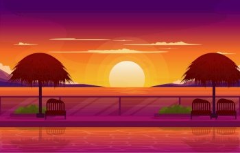 Beautiful Sunset Resort Hut Swimming Pool Bali Landscape View Illustration
