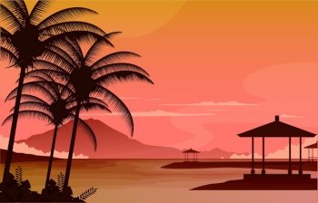 Beautiful Sunset Sea Nusa Dua Bali Landscape View Illustration