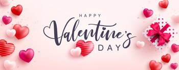 Happy Valentine’s Day Poster or banner with sweet hearts and pink gift box on pink background.Promotion and shopping template or background for Love and Valentine’s day concept