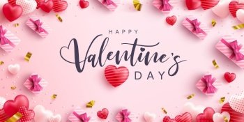 Happy Valentine’s Day Poster or banner with sweet hearts and pink gift box on pink background.Promotion and shopping template or background for Love and Valentine’s day concept