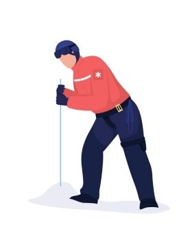 Rescuer using avalanche probe semi flat color vector character. Full body person on white. Identifying victim location isolated modern cartoon style illustration for graphic design and animation. Rescuer using avalanche probe semi flat color vector character