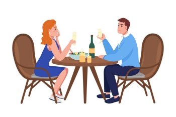 Couple at romantic dinner semi flat color vector characters. Sitting figures. Full body people on white. Celebrate isolated modern cartoon style illustration for graphic design and animation. Couple at romantic dinner semi flat color vector characters