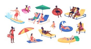 Beach activities semi flat color vector character set. Posing figures. Full body people on white. Summer isolated modern cartoon style illustration for graphic design and animation collection. Beach activities semi flat color vector character set