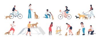 Training pets semi flat color vector character set. Posing figures. Full body people on white. Animal with owners isolated modern cartoon style illustration for graphic design and animation collection. Training pets semi flat color vector character set