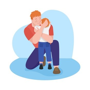Emotional connection with toddler 2D vector isolated illustration. Father hugging little boy flat characters on cartoon background. Spending time with kid. Dad-son bonding colourful scene. Emotional connection with toddler 2D vector isolated illustration