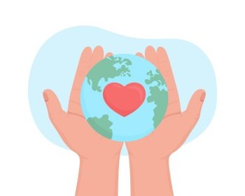 Planet conservation charity 2D vector isolated illustration. Holding planet with heart symbol flat first view hands on cartoon background. International non profit organization colourful scene. Planet conservation charity 2D vector isolated illustration