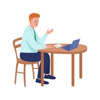 Nervous manager on video call semi flat color vector character. Posing figure. Full body person on white. Corporate work isolated modern cartoon style illustration for graphic design and animation. Nervous manager on video call semi flat color vector character