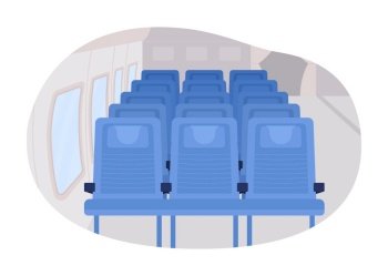Plane interior 2D vector isolated illustration. Aircraft cabin. Travelling by plane flat object on cartoon background. Passengers seats colourful scene for mobile, website, presentation
. Plane interior 2D vector isolated illustration