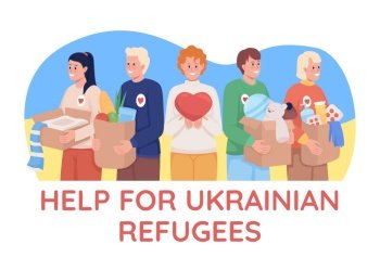 Help for ukrainian refugees 2D vector isolated illustration. Volunteers collecting food and medicine flat characters on cartoon background. Colourful scene for mobile, website. Comfortaa font used. Help for ukrainian refugees 2D vector isolated illustration