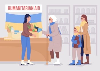 Humanitarian hub visit flat color vector illustration. Family of refugees getting humanitarian aid from volunteer 2D simple cartoon characters with interior on background. Bebas Neue font used. Humanitarian hub visit flat color vector illustration