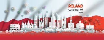 Travel landmarks Poland city with celebration Poland constitution day in flag background, Tour europe landmark to warsaw with panorama view cityscape popular capital, Origami paper cut style.
