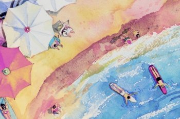 Painting watercolor seascape Top view colorful of lovers, family vacation and tourism in summery, multi colored umbrella, sea wave blue background. Hand painted with advertising poster illustration.