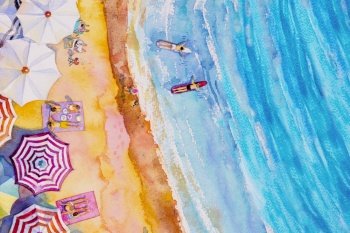 Painting watercolor seascape Top view colorful of lovers, family vacation and tourism in summery, multi colored umbrella, sea wave blue background. Hand painted with advertising poster illustration.