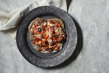 homemade flatbread pizza with mozzarella cheese. homemade flatbread pizza