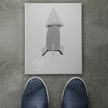 Hand drawn rocket arrow design doodle icon on front of business man feet as concept 