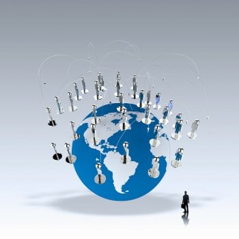 businessman walking to social network human 3d on world globe as concept 