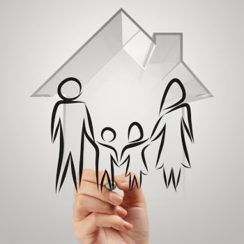 hand drawing 3d house wtih family icon as insurance concept