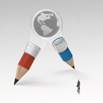 businessman looking at the earth inside 3d pencil lightbulb as creative concept 