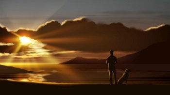 Scenery vector illustration of a couple is relaxing and playing with their beloved dog at the seashore with a beautiful sunset.