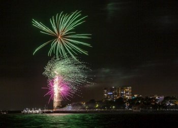 Beautiful 2021 New Years Eve Firewoks at 9pm from the jetty in the Redcliffe Peninsula, Australia