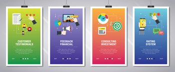 Web banners concept in vector with customer testimonials, feedback financial, consulting investment and rating system. Internet website banner concept with icon set. Flat design vector illustration.