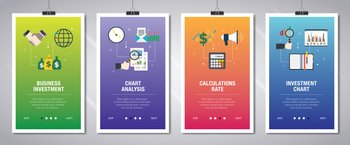 Vector set of vertical web banners with business investment, chart analysis, calculations rate and investment chart. Vector banner template for website and mobile app development with icon set.sis of documents with charts. Flat design for web banner in vector illustration.