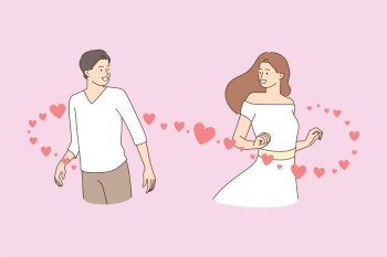 Smiling man and woman fall in love at first sight. Happy male and female meet encounter in street get attracted. Affection, relationship concept. Cartoon character, flat vector illustration. . Smiling man and woman fall in love on street 