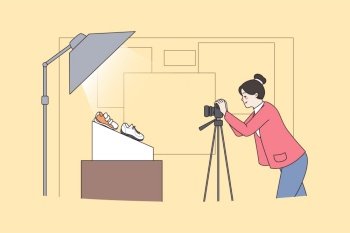 Woman photographer make photo of shoes for online shop or store. Female smm specialist do commercial photoshoot of product in studio. Social media marketing, internet sell. Vector illustration. . Woman photographer do commercial product shooting 