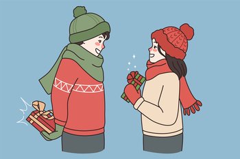 Boy and girl in winter clothes feel excited make surprise for Valentine Day. Smiling couple lovers prepare gifts or presents for New Year or Christmas holiday celebration. Vector illustration. . Happy boy and girl exchange presents for Valentine Day 