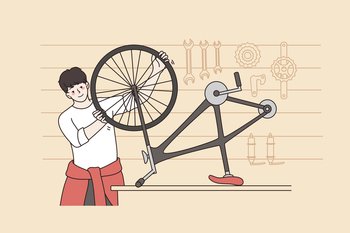 Smiling young man repair bicycle on table in garage or workshop. Happy guy mechanic fixing bike in shop. Small business or entrepreneur, good service concept. Flat vector illustration.. Smiling man repair bicycle in small workshop