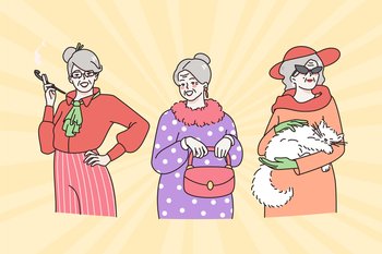 Stylish grandmothers and old women concept. Group of mature grey haired women in stylish clothes standing and feeling modern and pretty vector illustration . Stylish grandmothers and old women concept
