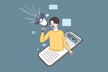Promotion announcement and news concept. Man shouting on speaker announcing news from smartphone screen vector illustration. Promotion announcement and news concept.
